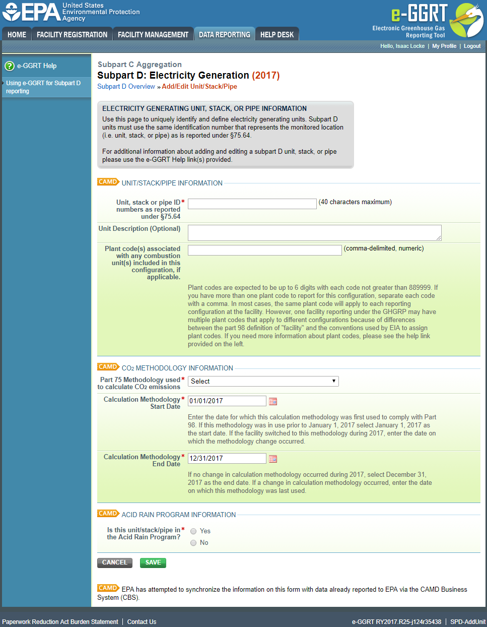 Subpart D Add/Edit Unit/Stack/Pipe page